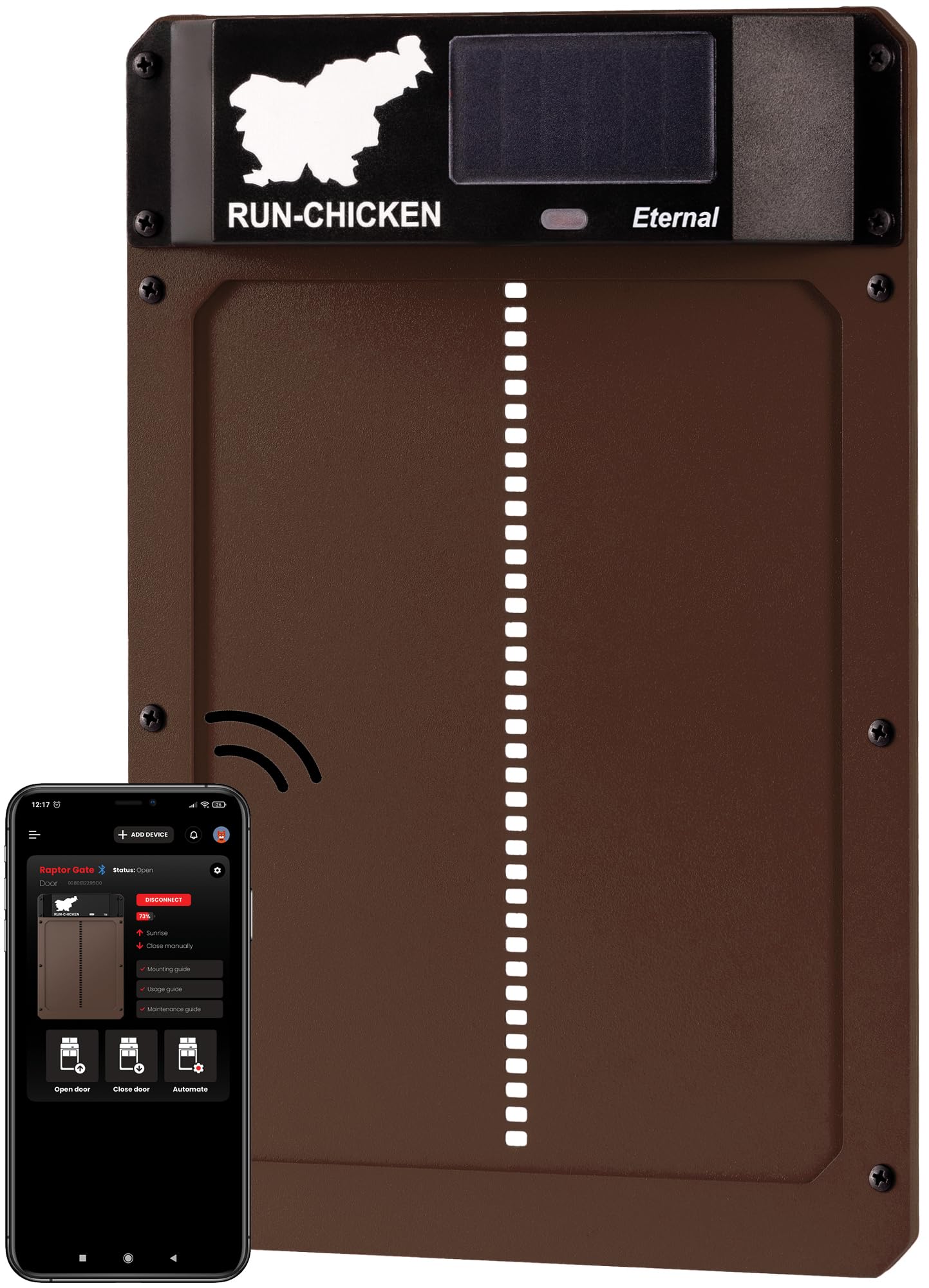RUN-CHICKEN Porta (marrone) Solar Chicken Coop Door, automatico pollaio elettrico con timer, sensore luce, batteria, energia solare