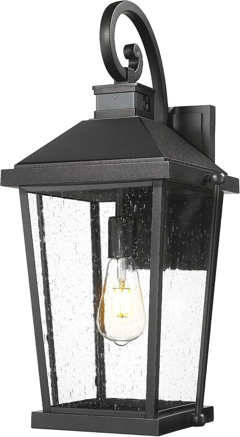 zeyu Large Dusk to Dawn Wall Lamp, 21.5'' Wall Mount Exterior Light Fixture, Black Porch Light with 4 Modes, 220° Detection, Die-Cast Aluminum with Seeded Glass Shade, ZW105B-M-SE BK