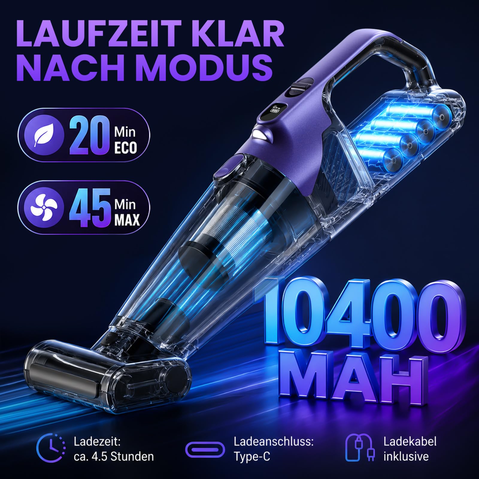 Tierhaar Handstaubsauger Akku 28000Pa mit Rotierende Bürstenrolle&LED Licht | Stark Autostaubsauger Kabellos mit 10400mAh, 720ml, 2 Saugstufen, HEPA+Metallfilter für Haustiere, Sofa, Teppich, Büro