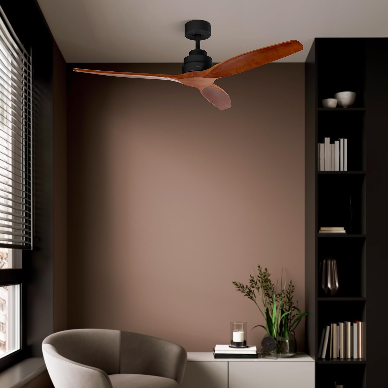 Ufesa CFTB ceiling fan with dark wood blades installed in a modern room, demonstrating its aesthetic integration.