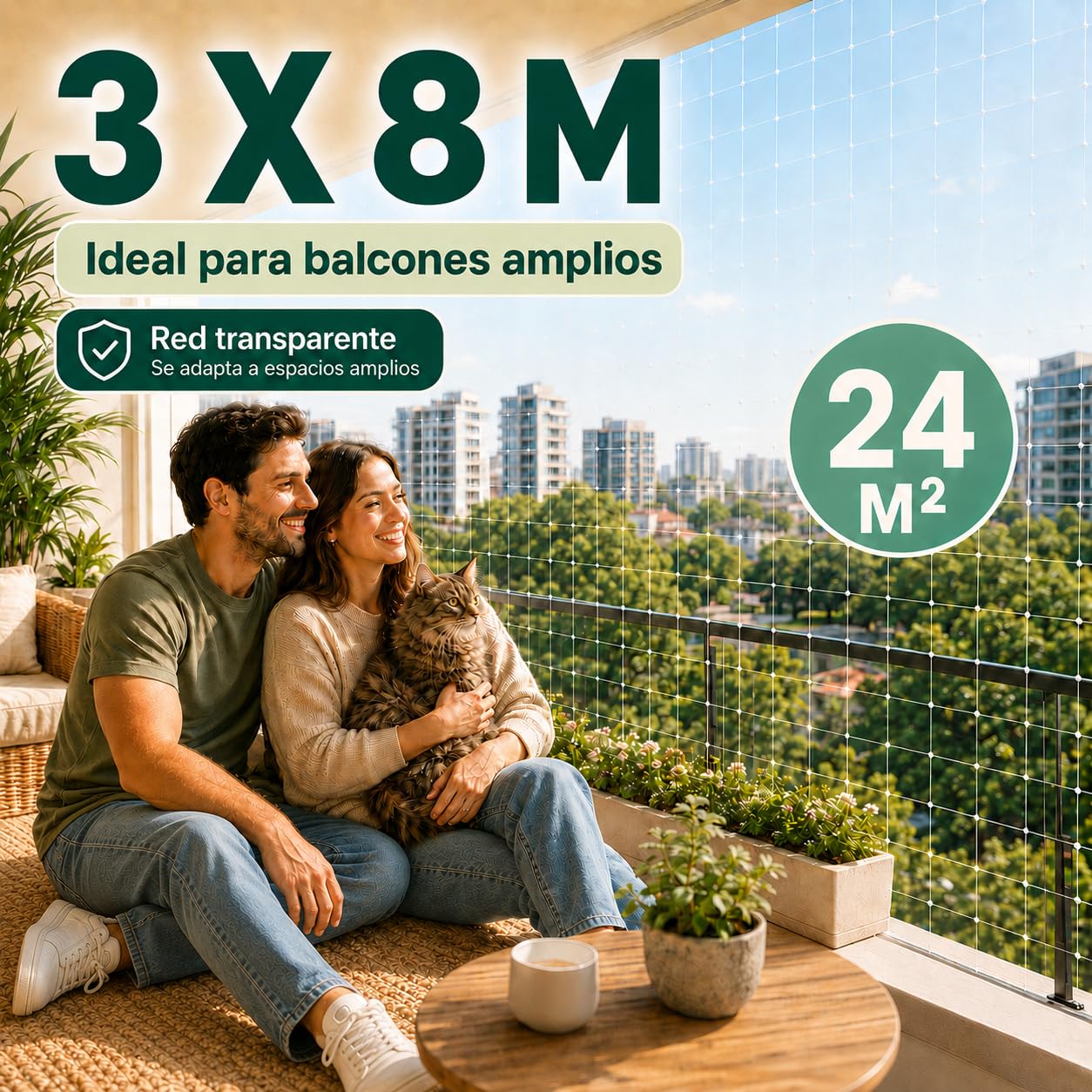 Red para Gatos Terraza Transparente 3x8m – Malla Protectora Balcón y Ventanas | Red Seguridad Gatos con Kit Fijación, Ganchos, Cuerda y Juguete | Resistente UV