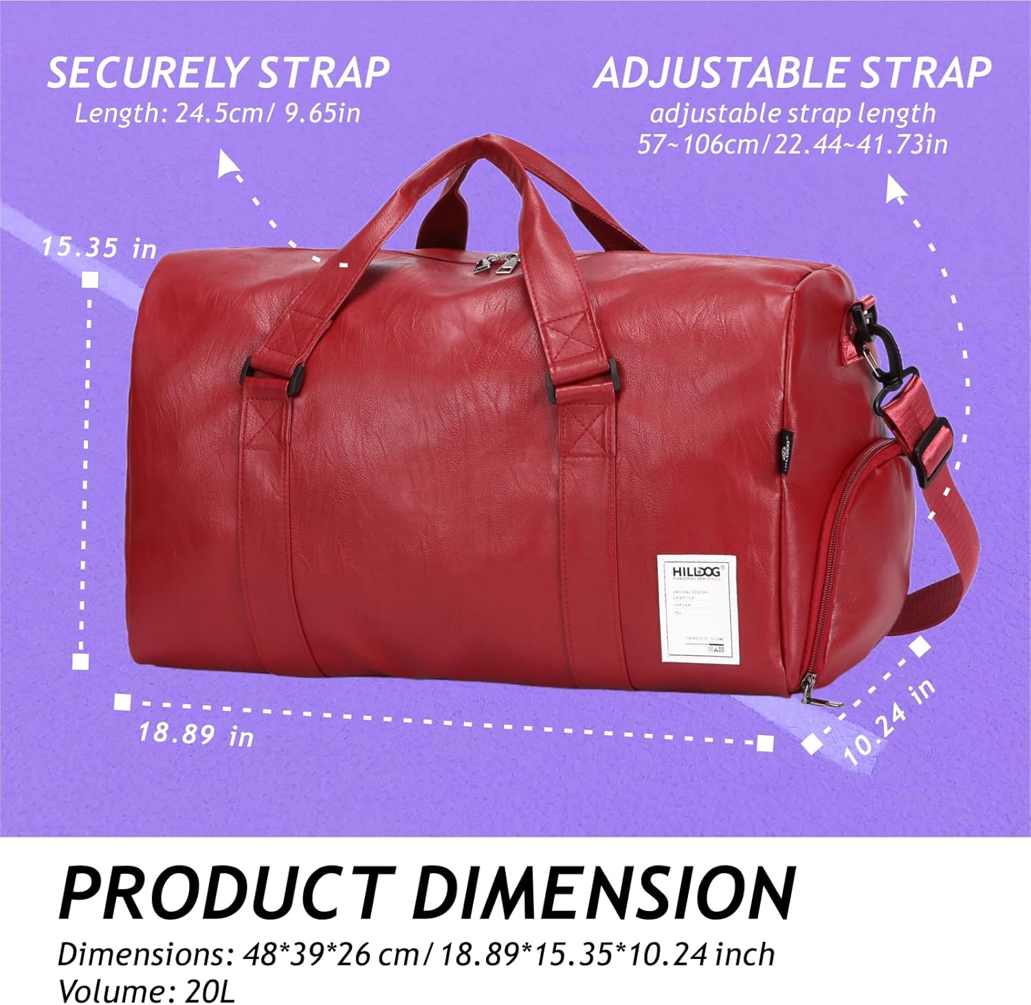 Leather Travel Bag with Shoes Compartment & Wet Pocket, Sports Gym Tote Bag Travel Duffel for Men & Women, Overnight Weekender Bag Waterproof Leather Large Carry On Bag - Image 5