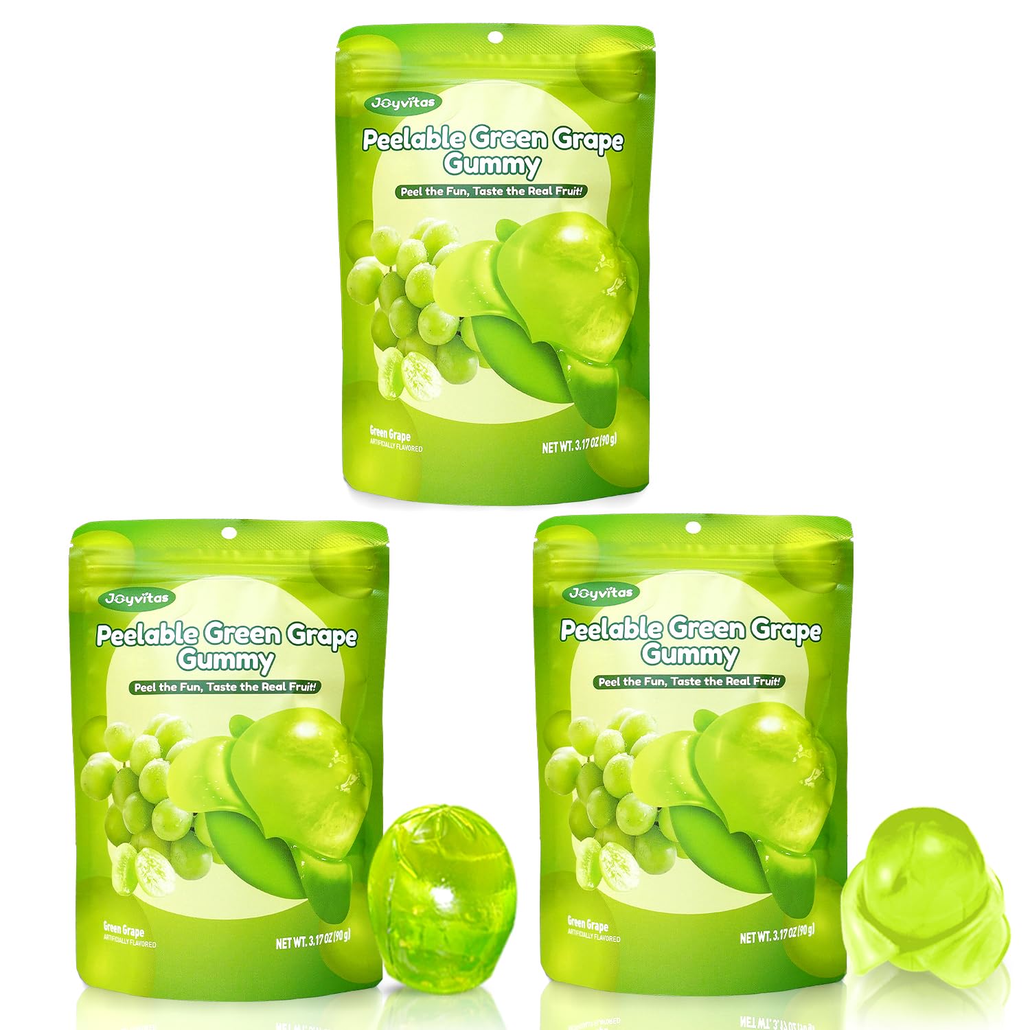 Peelable Gummy Green Grape Candy, Tropical Peeling Gummies Green Grape Candy Variety Pack – Low Sugar & Low Calorie, Individually Wrapped Resealable Snacks for Halloween Parties & Trick-or-Treat (3 Pack, 9.53oz)