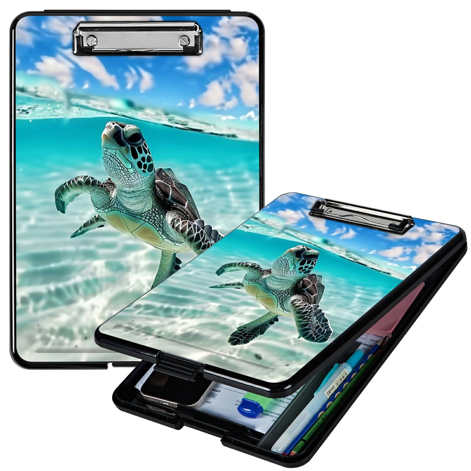 RWUTYTIUL Turtle A4 Clipboard with Storage Pen Holder, Clipboards Organizer Nursing Clipboard Foldable File Folder Plastic Clipboard Folio Clip Board for Office Students Classroom Doctor — image 1