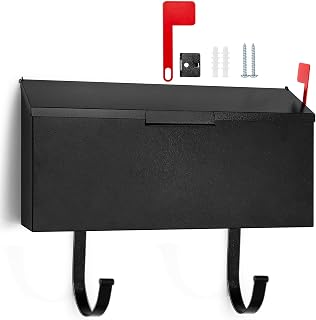 Yaocom Small Cast Wall Mount Mailbox for Outside Metal Mailbox with Newspaper Hooks Heavy Duty Rustproof Wall Mounted Galvanized Steel Post Box Large Capacity 16" x 8.25" x 4.25"(Black)