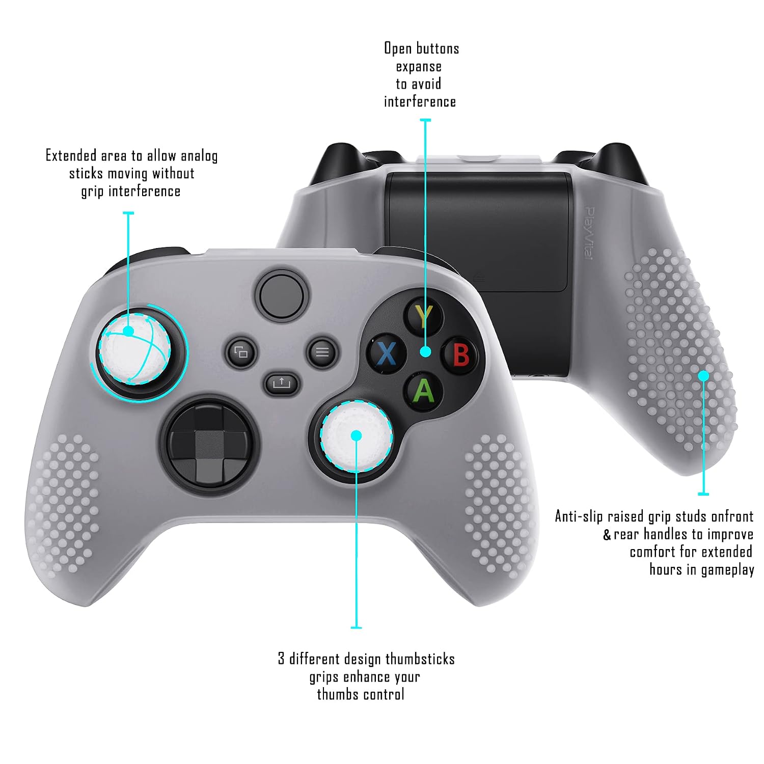 eXtremeRate PlayVital Clear White 3D Studded Edition Anti-slip Silicone Cover Skin for Xbox Series X/S Controller, Rubber Case Protector for Xbox Core Wireless Controller with Thumb Grip Caps | Protective case, soft rubber handles, 6 pieces embroidery attachments, 3D nubs edition, transparent white