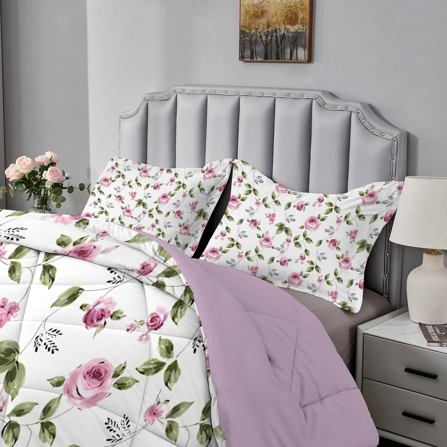 Qiwagu Light Gray Duvet Single, Coverless Duvet 7.5 Tog with Purple Flowers Pattern, Soft Lightweight Comforter Set for Autumn Summer, 1 Quilt Single 135x200cm with 1 Pillowcase, Machine Washable