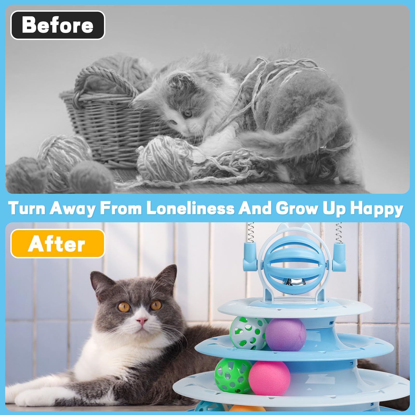 LALAKATS Juguetes para gatos de interior, juguetes interactivos para gatos, rompecabezas para gatos, juguete de bola para gatos con 2 teasers para gatos, color azul