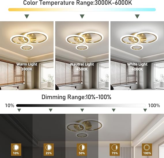 EIDISUNY Modern Led Dimmable Ceiling Light, 3 Circle Gold Ceiling Lights with Remote Control, 3000K-6500K, 3 Circle Modern Led Ceiling Lights Fixture for Living Room Dining Room Bedroom Kitchen - 35W [Energy Class E]