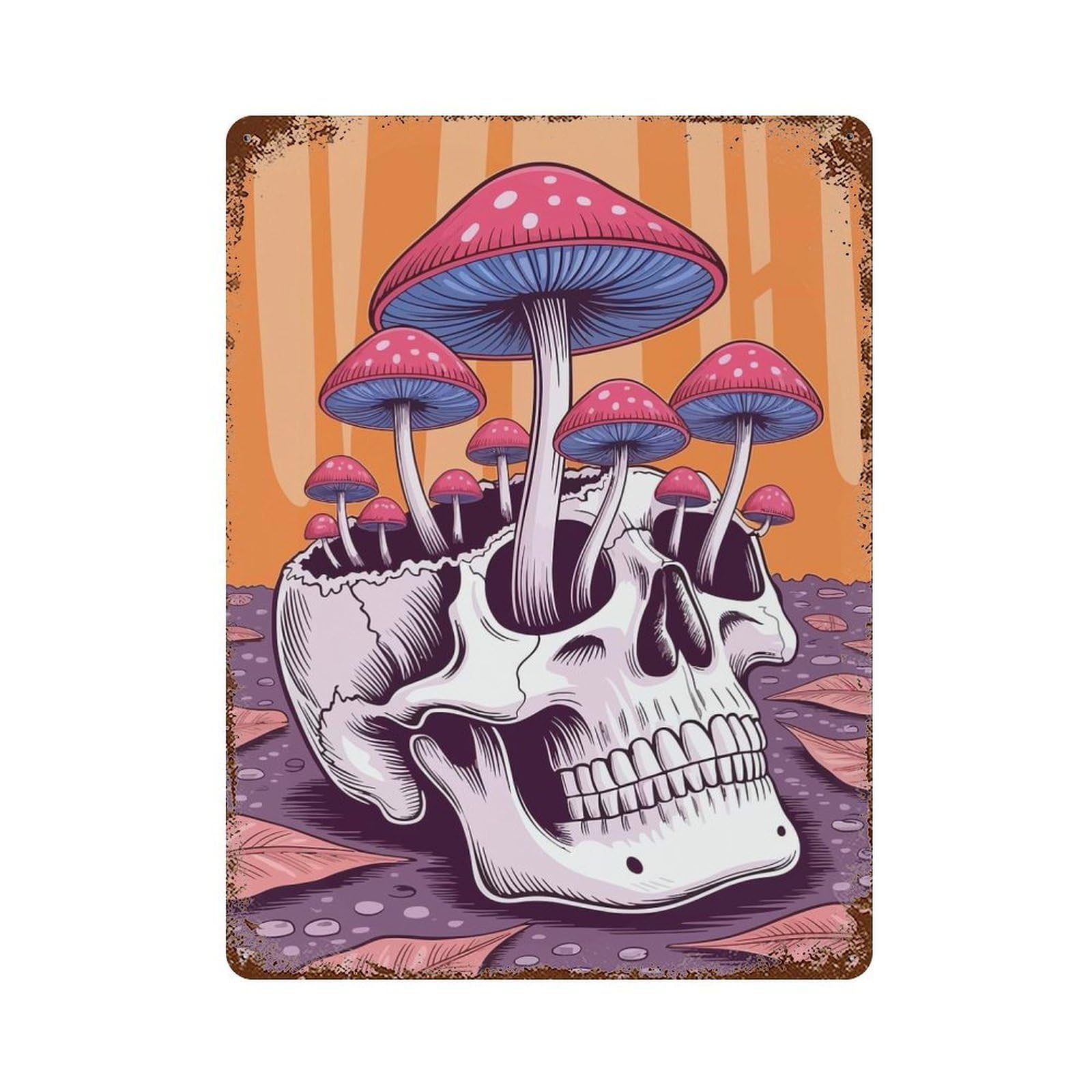 Weathered Tin Sign with Skull with Mushrooms Illustration Design 15.7"x11.8", for Basement, Hobby Room And Garage Decor, Industrial Home Decor