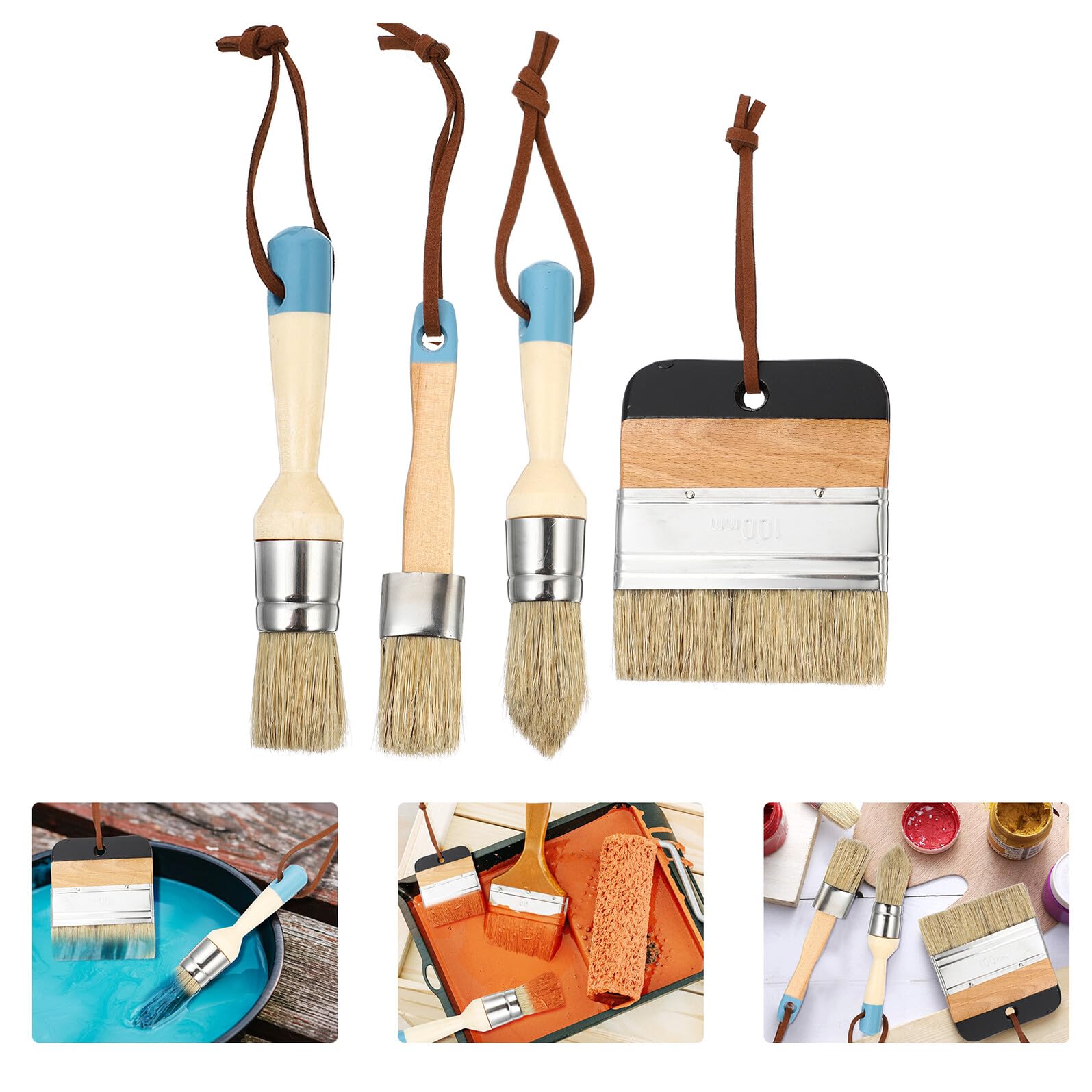STOBAZA Juego de 4 Pinceles para Pintura de 25 CM Mango de Madera Cerdas Resistentes y Flexibles para Óleo Cera y Pegamento Adecuado para Muebles Paredes y Decoración Interior