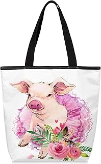 Sacolas de lona com zíper e bolso interno, bolsa de ombro feminina casual bolsa de mão fofa porco rosa floral, bolsas de compras reutilizáveis para cozinha sacolas de lona para uso para livros, sacolas de compras, sacolas de presente, Multicor