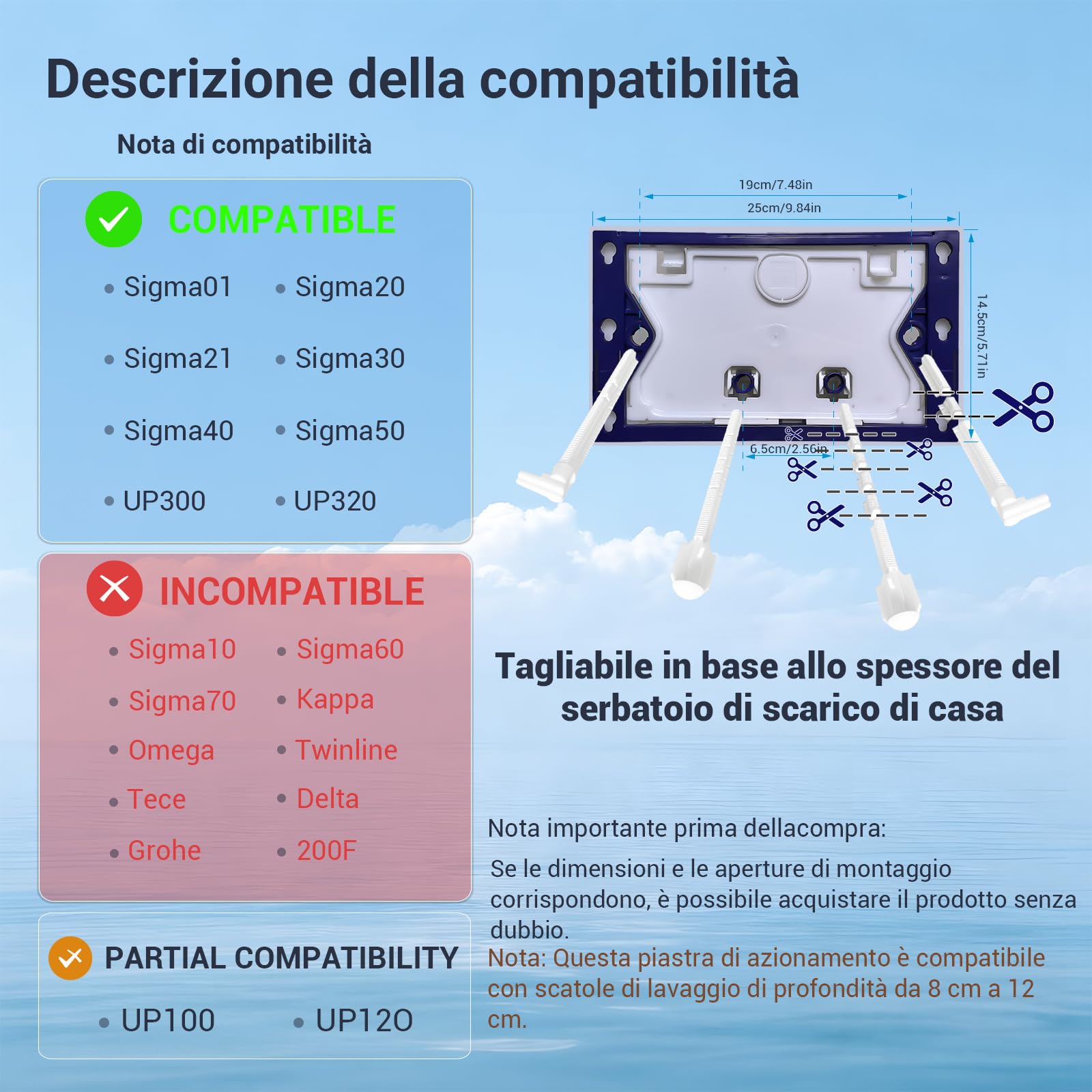 Placca di Comando WC, Compatibile con Geberit Sigma, UP300 e UP320, Piastra Doppio Scarico, Dimensioni 246×164 mm, Completa di Set di Leve di Scarico e Telaio di Montaggio,Opaco(Nero).