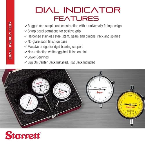 Miniatura 2 de Starrett Indicador de Cuadrante Serie 25 con Rodamientos de Rubí y Oreja en el Centro Posterior - Carátula Blanca, Rango de 0-.025", Cuadrante