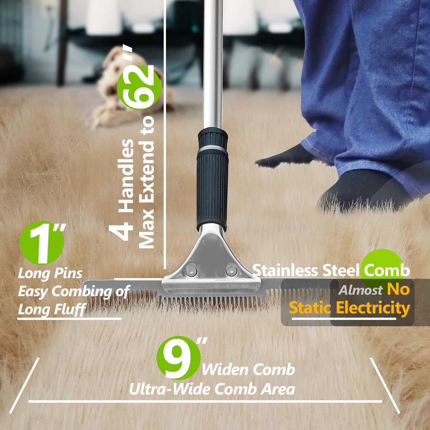 Pet Hair Carpet Rake - Multi-Surface Brush & Broom for Fluffy Rugs & Carpets - Efficient Pet Hair Removal Tool