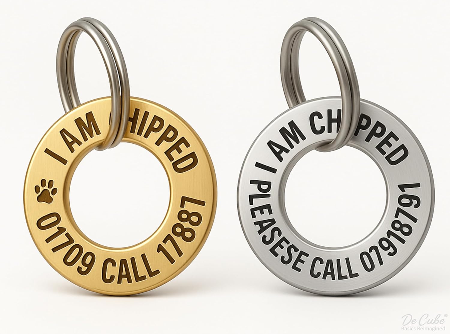 DeCube Deep-Engraved Pet ID Tag – Brass & Stainless Steel, 3 mm Thick Durable Disc (25 mm & 28 mm), Custom Name & Phone Number Engraving, Rust-Resistant Pet Collar Tag