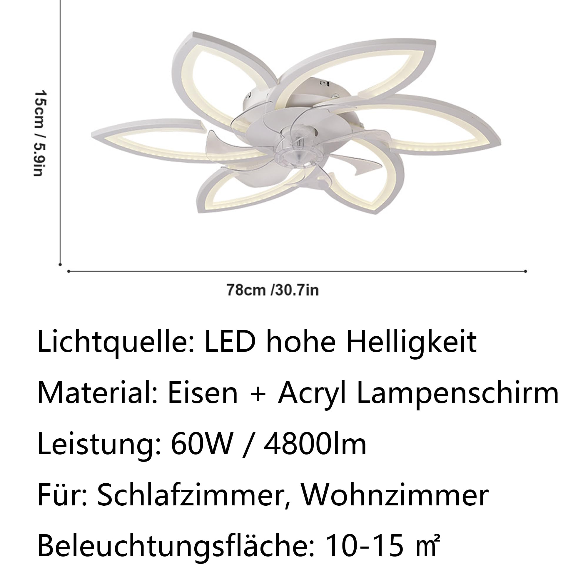 Ventilator Deckenleuchte,LED Deckenventilator mit Beleuchtung,Dimmbare Ventilator Deckenlampe Mit Fernbedienung und APP,Leise Fan Lampe,für Wohnzimmer Esszimmer Schlafzimmer Licht (Weiß, 78cm/60w)