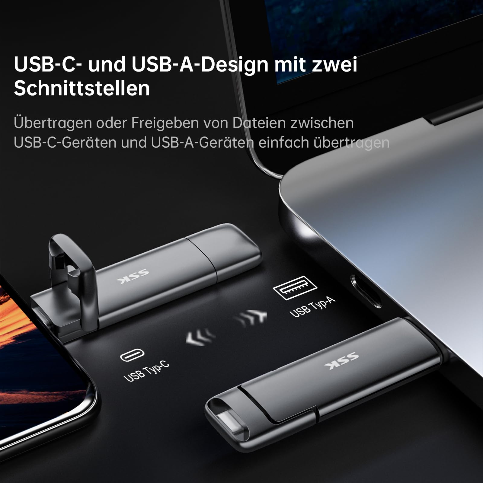 SSK 1 TB SSD USB C Stick bis zu 1000 MB/s, schnelle externe SSD-Festplatte, 1 TB Typ-C + A USB 3.2 Gen 2, USB-Speicherstick für iPhone 15/PS4/Android Handy/Tablet/Windows/Mac