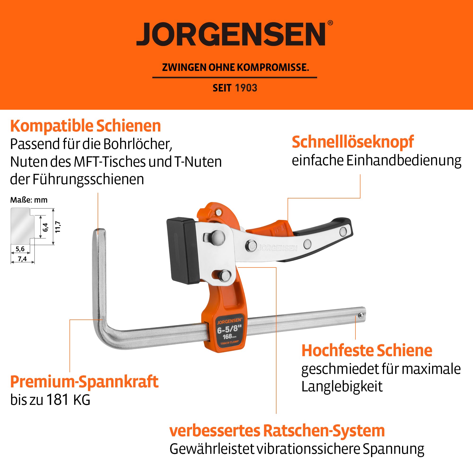 JORGENSEN 2er-Set Schnellspannzwingen, Hebelzwingen für Führungsschienen, mit Verriegelungsmechanismus, Spannkraft bis 181 kg, Spannweite 168 mm
