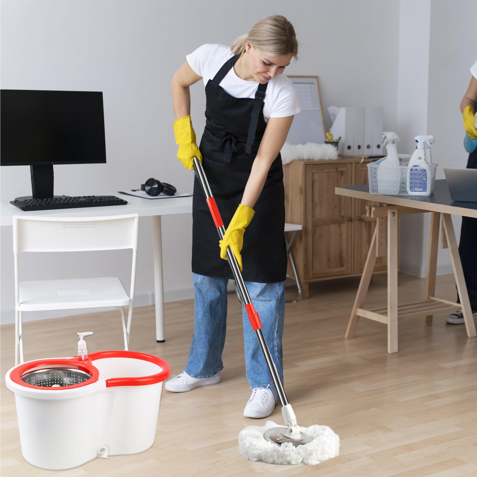 Trapeador giratorio y cubo con juego de escurridor, sistema de cubo giratorio de 360° con 6 cabezales de repuesto de fregona de microfibra y mango ajustable de acero inoxidable de 61 pulgadas para