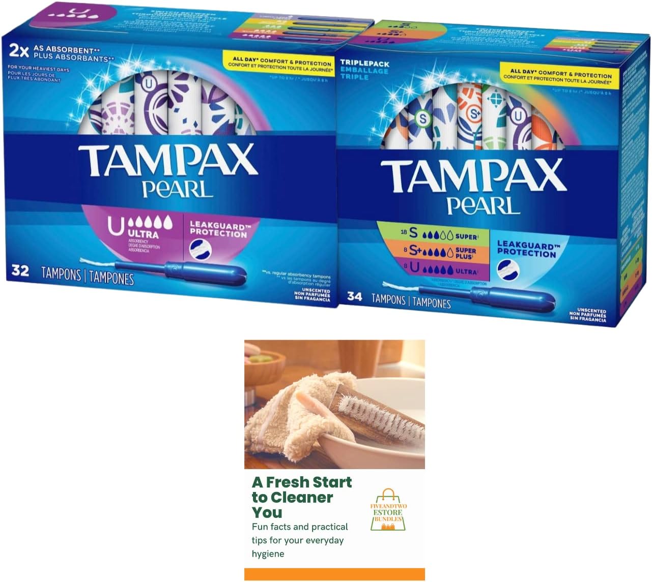 Tampax Pearl Tampons Bundle: Super/Super Plus/Ultra Absorbency Multipack/Variety Pack (34 Count) and Ultra Pack (32 Count) Unscented (66 Total Count) with eBooklet - Set of 3