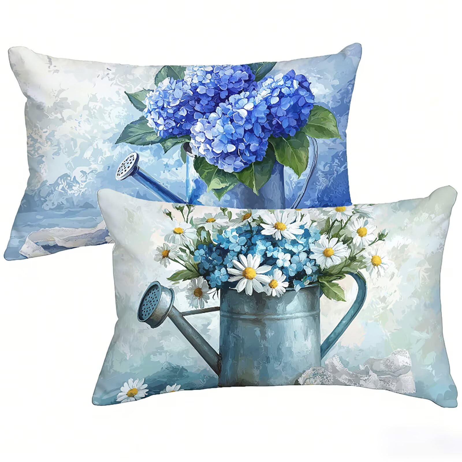Taie oreiller rectangulaire 40 x 60 cm bleu imperméable lin impression fleur T0-644