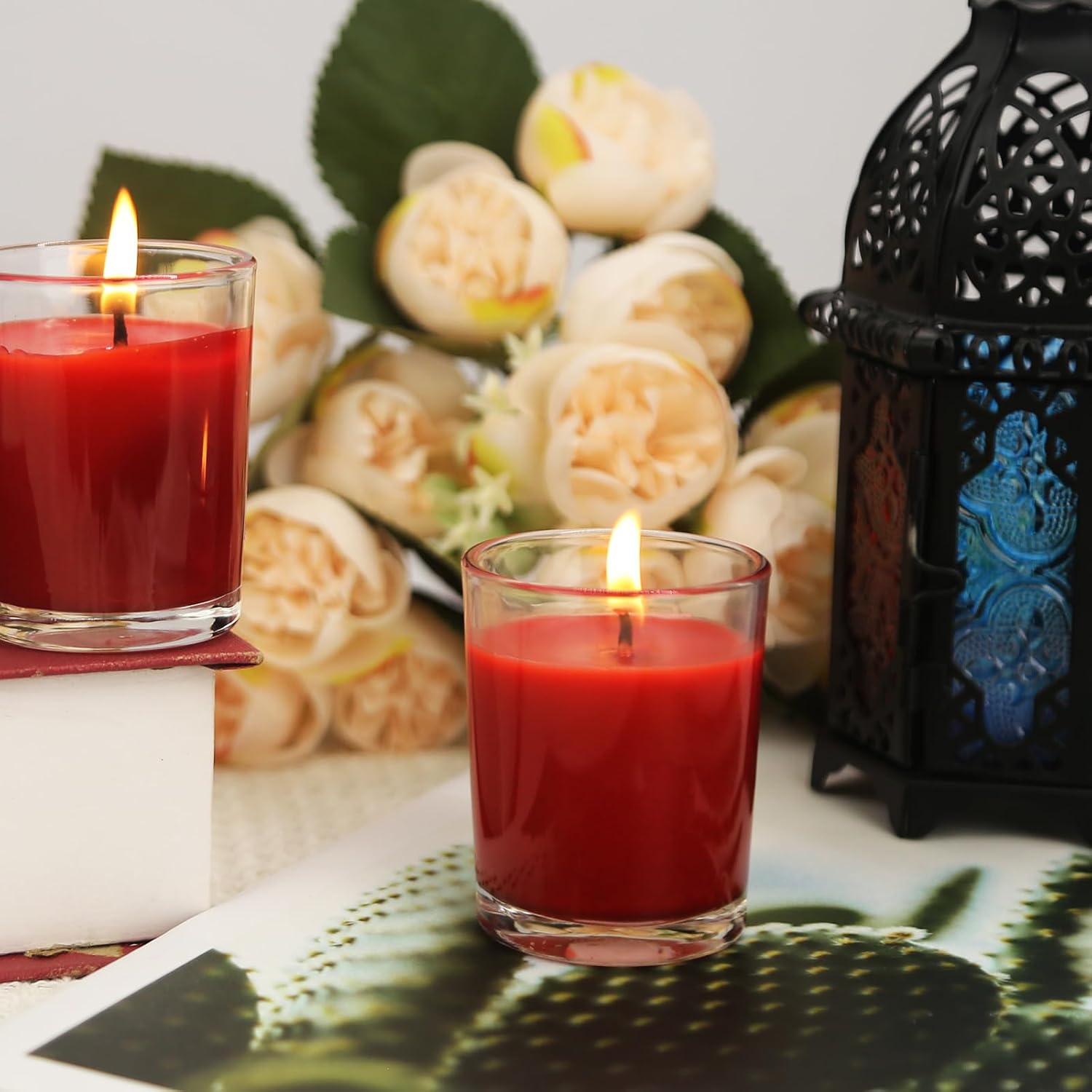 6 Packs Unscented Red Votive Candles in Glass, 2 Inch Natural Soy Wax Scentless Candles for Christmas Wedding Party Home Holiday Relaxation Spa, 12-15 Hour Burning Time