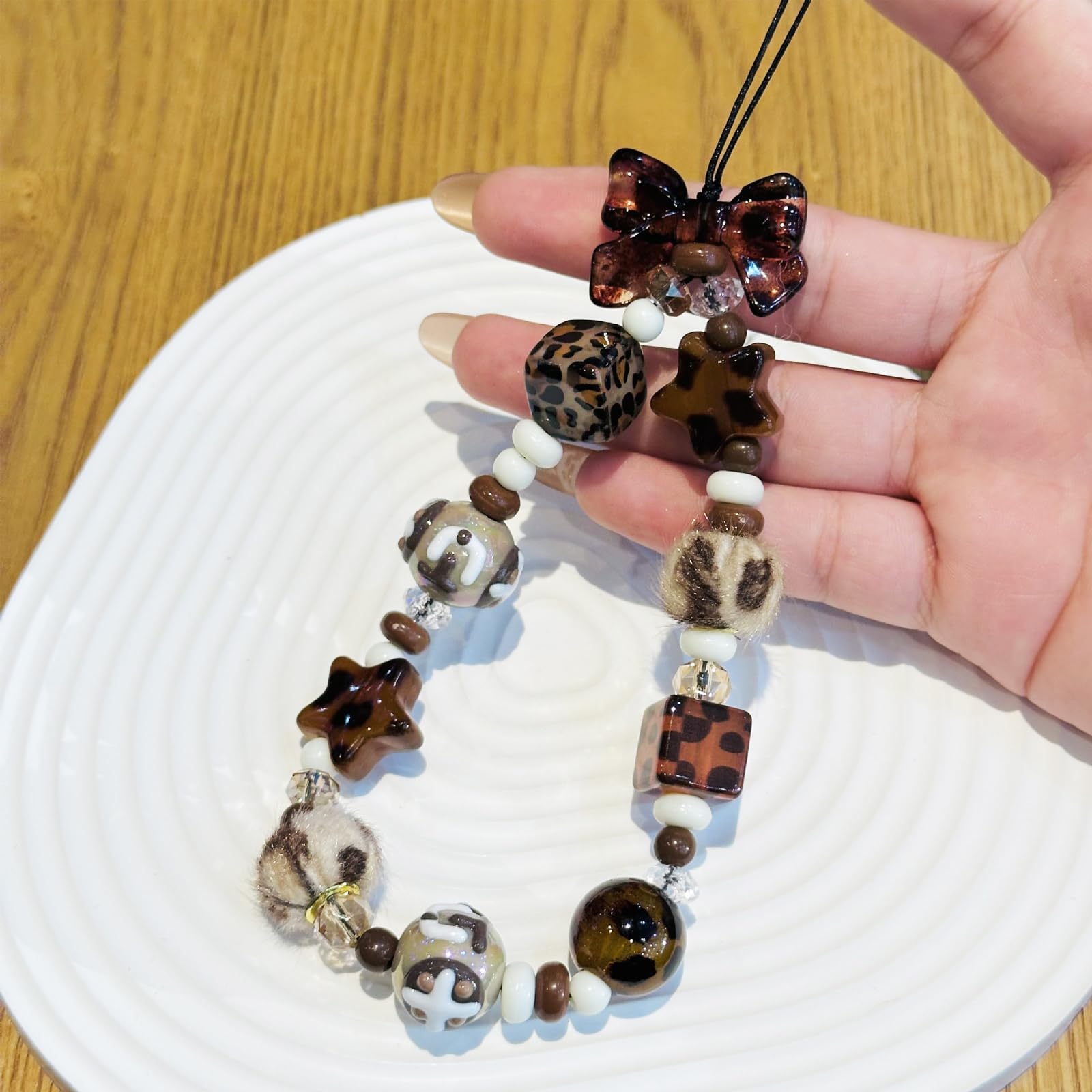Leopard Print Phone Charm with Beaded Design,Y2K Star Phone Charms Accessories with Bow Detail for Bag Keychain Camera — view 8