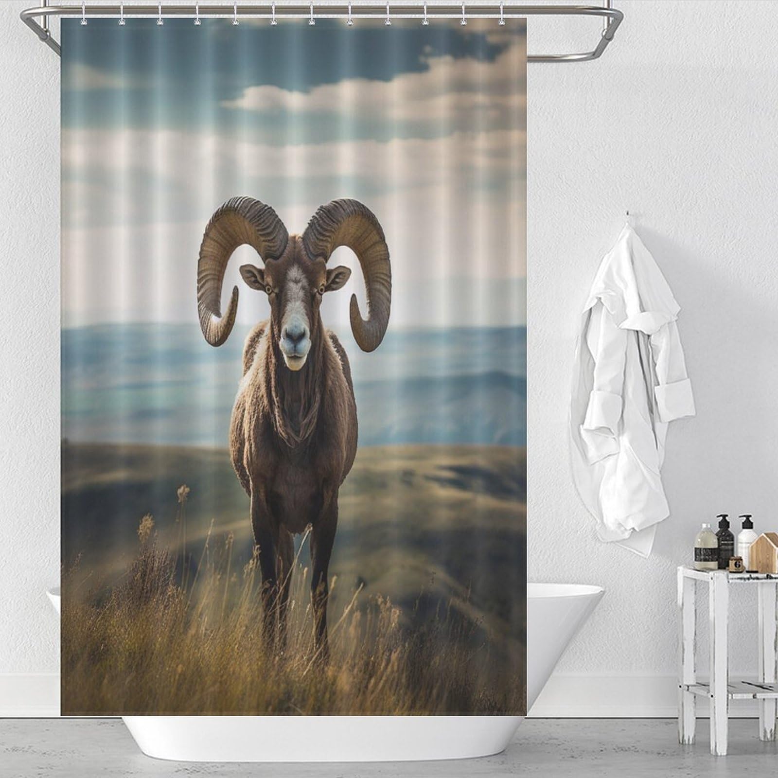 Rideau de douche chèvre 122x183 cm en tissu lavable avec 12 crochets pour salle de bain