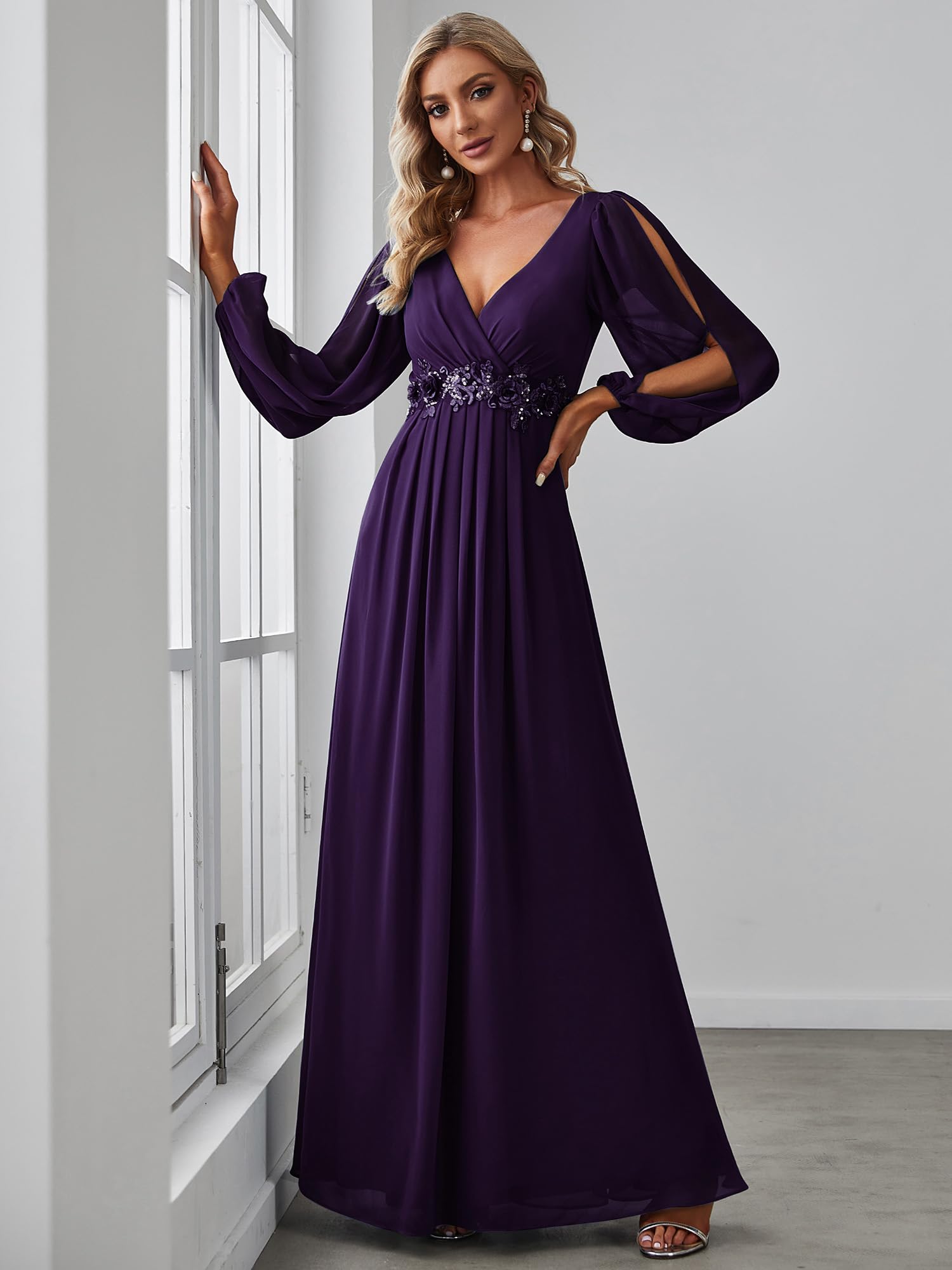 Ever-Pretty Vestito da Cerimonia Elegante Linea ad A Scollo a V A Abiti da Sera 00461 Viola Scuro 44