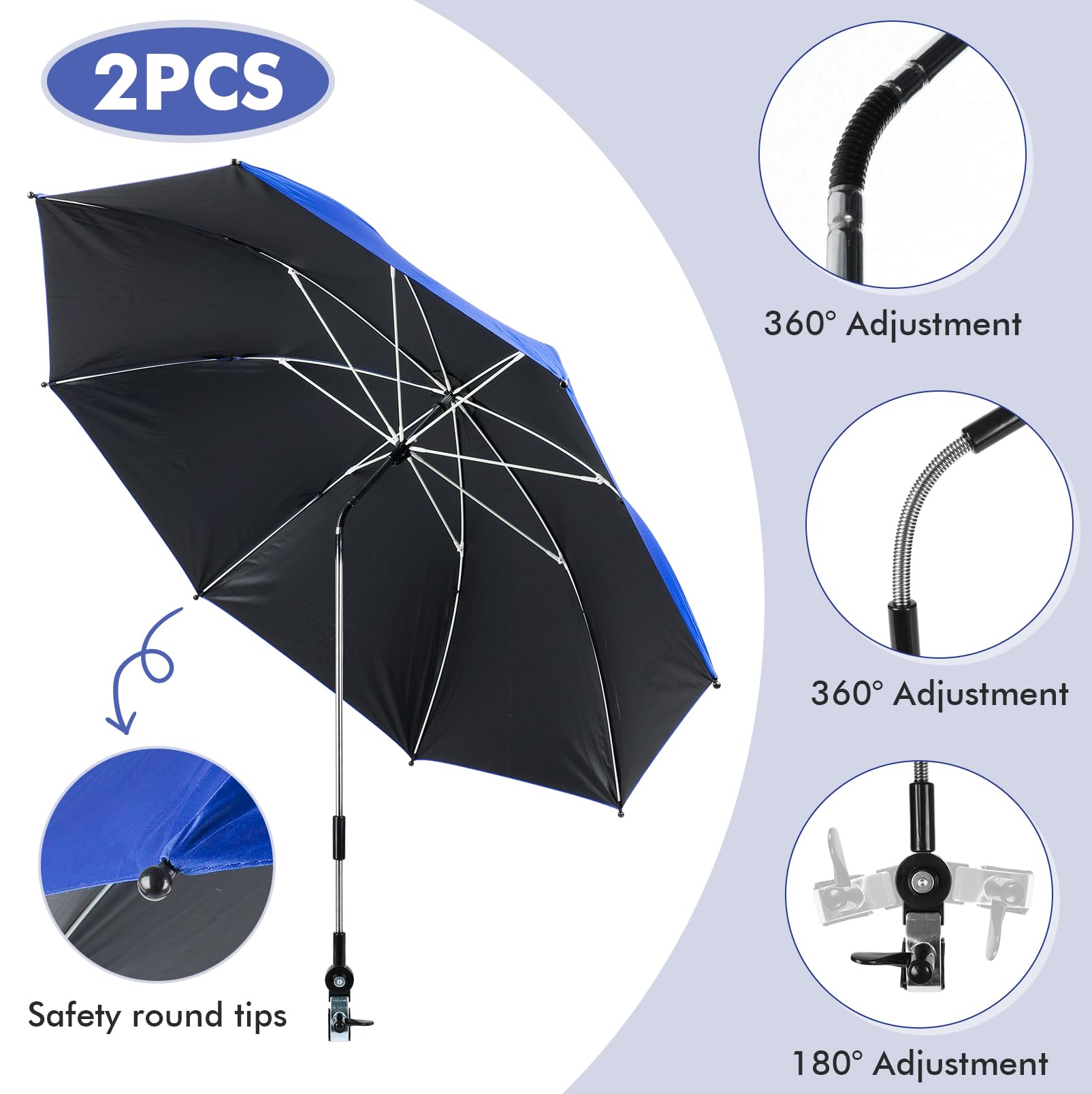 LIROPAU Parasole na krzesła z regulowanym zaciskiem, UPF 50+ parasol na krzesło z uniwersalnym zaciskiem, regulowany 360° parasol na krzesło, abażur Umbr-ella, przenośny parasol ogrodowy, krzesło