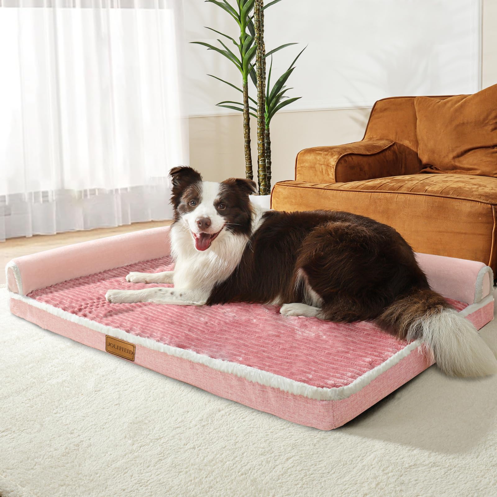 Jolibean Orthopedic Dog Bed Large Sized Dog 91X61cm, Waterproof Comfortable L Bolster Medium Non-Slip Soft Warm Pet Crate Bed Sleep Sofa mat with Removable Washable Cover Pink