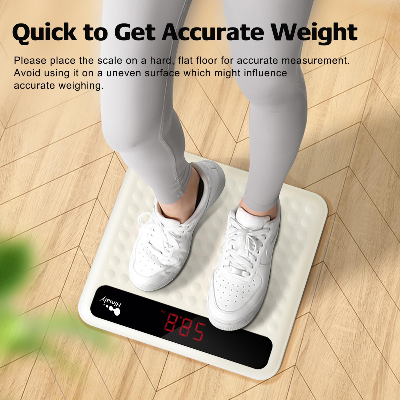 himaly Bilancia pesapersone digitale da bagno, tecnologia Step-On, ad alta precisione, con grande piattaforma in silicone antiscivolo e display digitale LCD, capacità 180 kg, colore: bianco