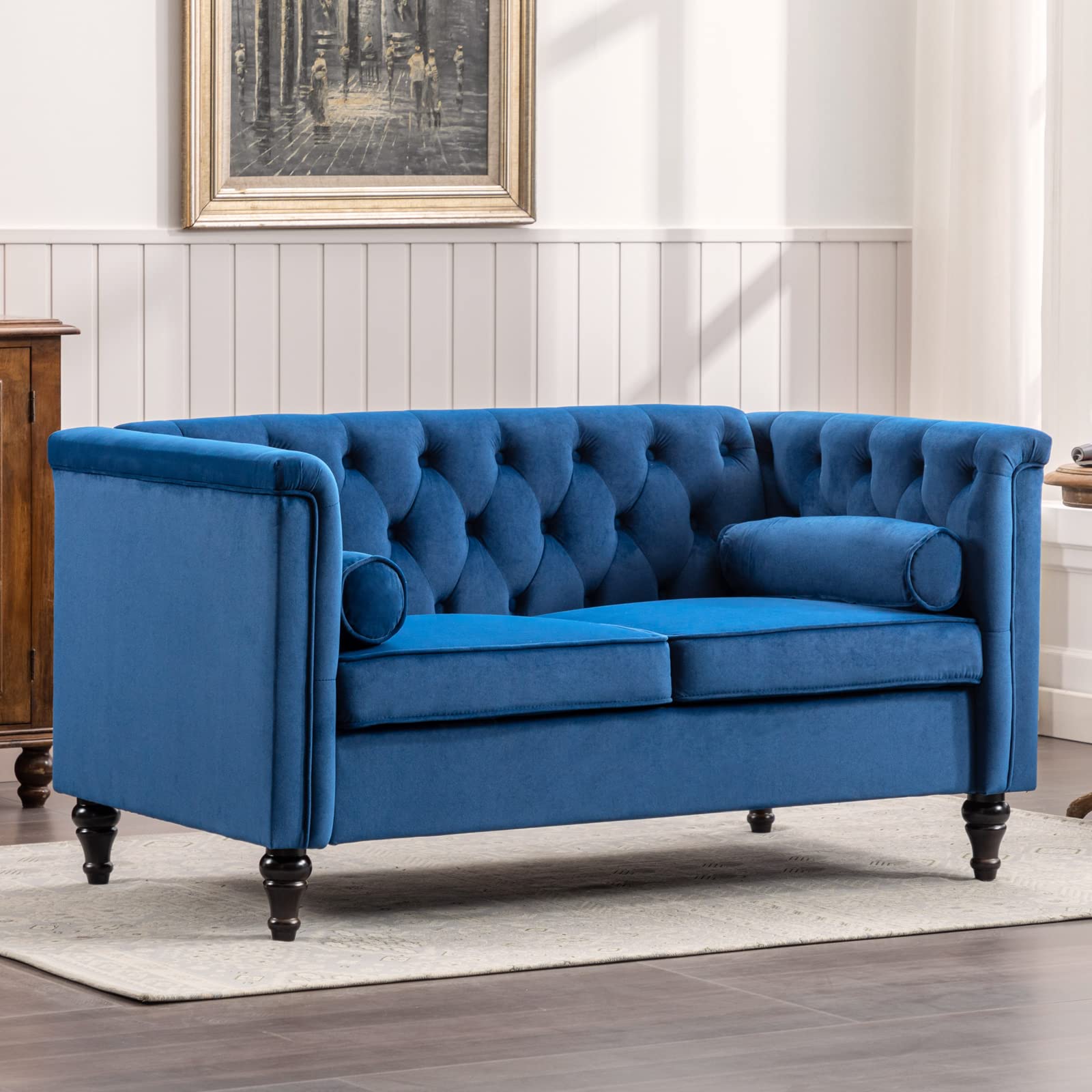 TTGIEET 56'' W Modern Velvet Sofa Couch，Mid Century Loveseat Living Room Furniture with Wooden Legs& Bolster Pillows, Tufted Upholstered Love Seats for Small Space, Apartment, Bedroom, Office （Blue）