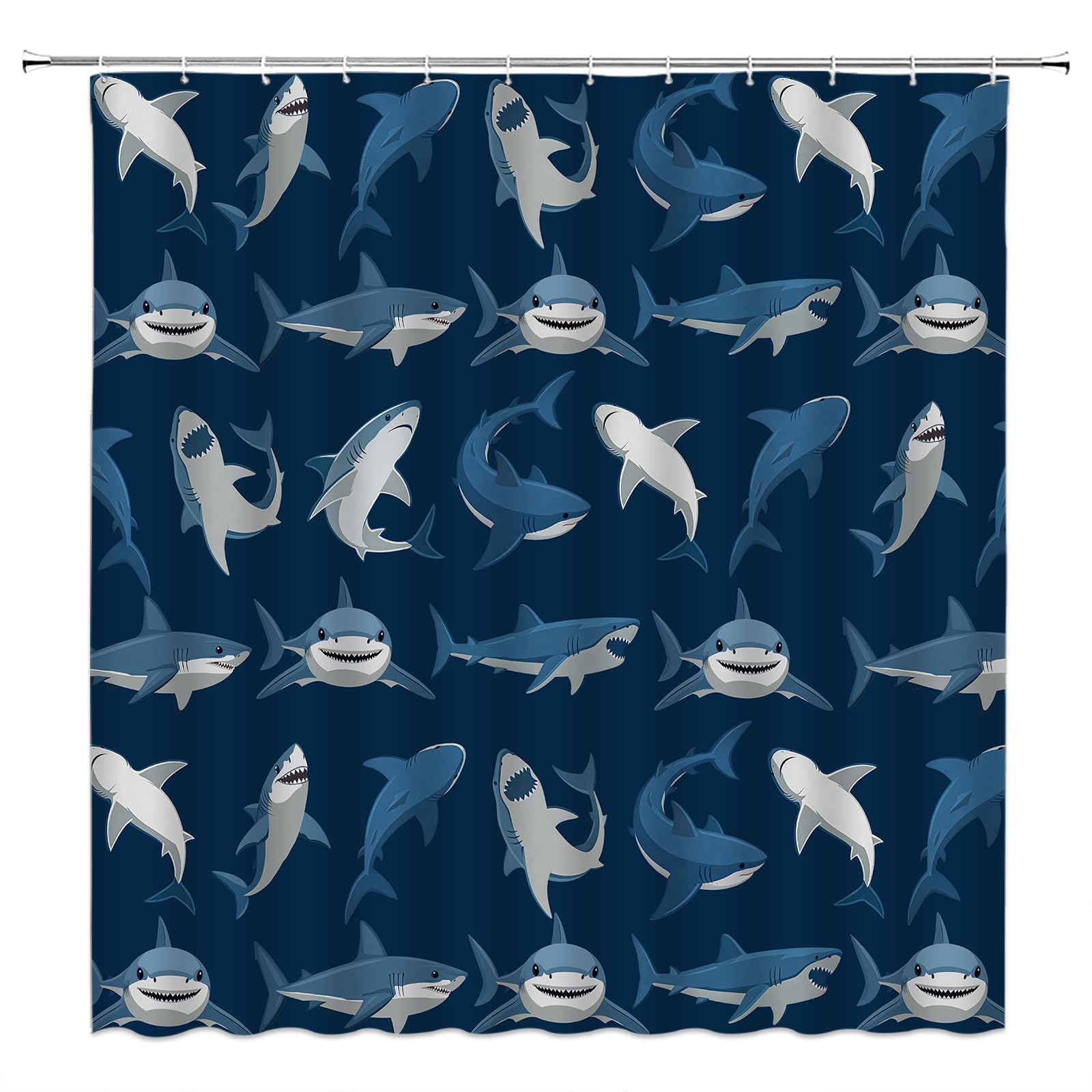GCTNBJL Shark Shower Curtain Ocean Animal Shark Open The Mouth Fish Sea Marnie Underwater Nautical Bathroom Curtain with Hooks,Navy Blue,60" Wx70 H