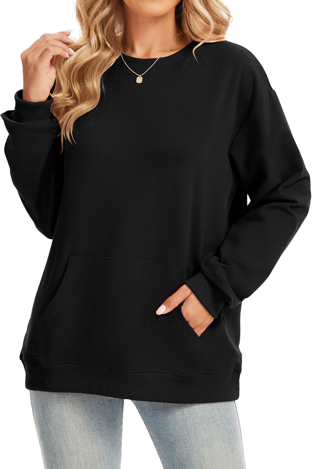 Womens Crewneck Long Sleeve Sweatshirts Casual Pullover Tops Lightweight Sweatshirt with Pocket 2025 Black M - Image 4