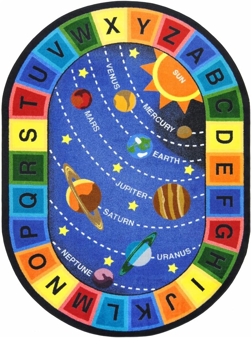 Joy Carpets Space Alphabet Rug, Multi, 5'4" x 7'8" Oval