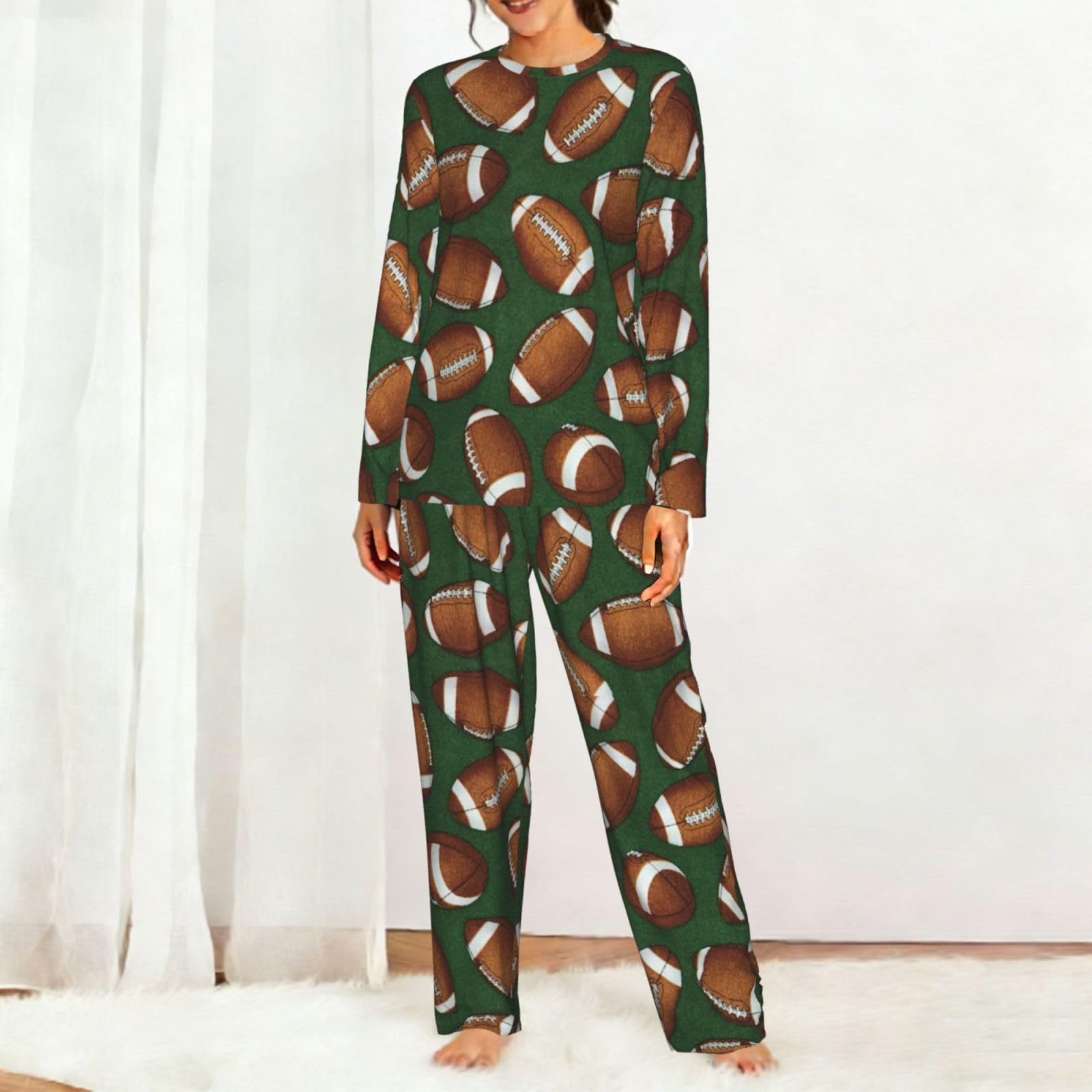 Calcio Stampa Verde Delle Donne Manica Lunga Pigiama Corrispondente Morbido Elastico Coulisse Casual Daywear