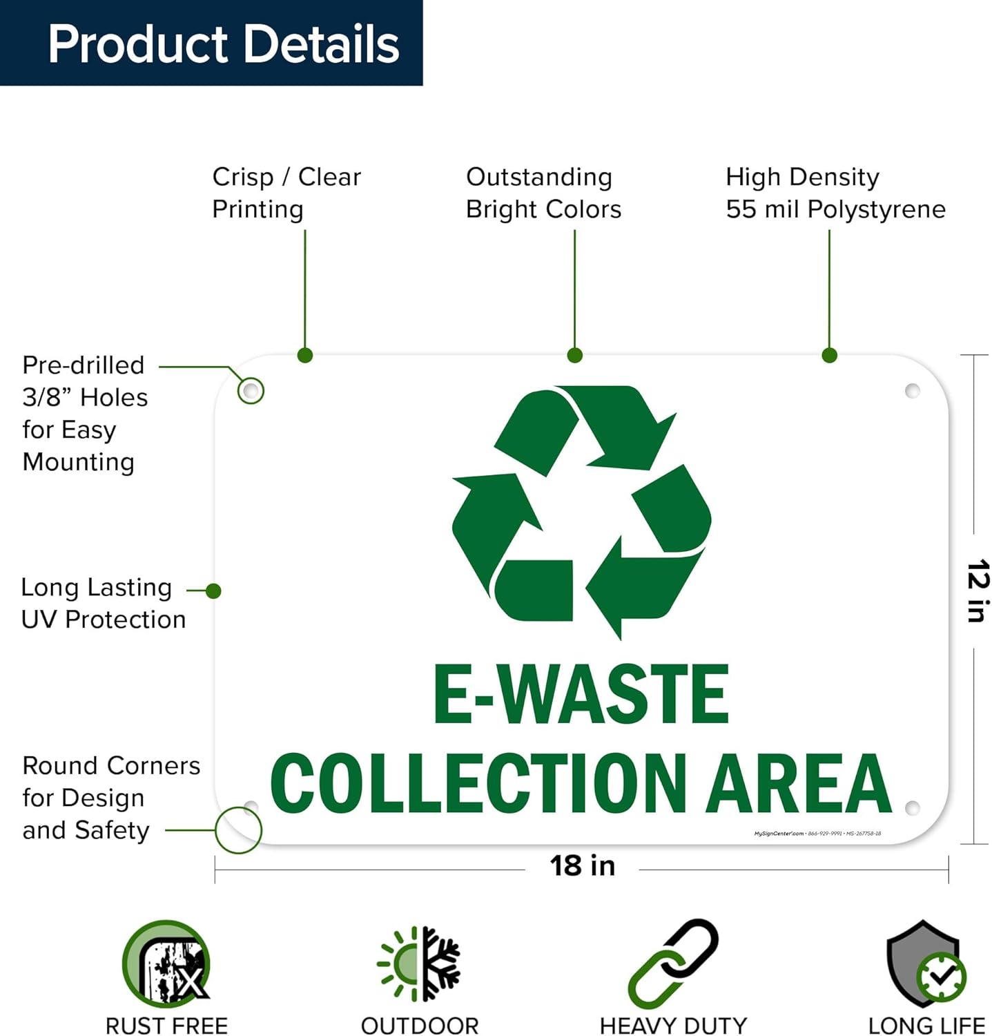 E Waste Collection Area Sign, 12x18 Inches, 55 mil thick HDPS (high density polystyrene), Made in USA by My Sign Center