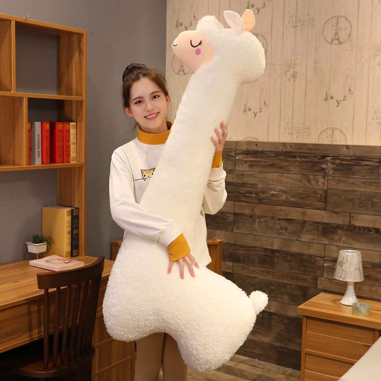 Alpaca - Peluche a forma di alpaca, con collo lungo, morbido cuscino in alpaca, a collo lungo, morbido peluche (bianco, 130 cm)