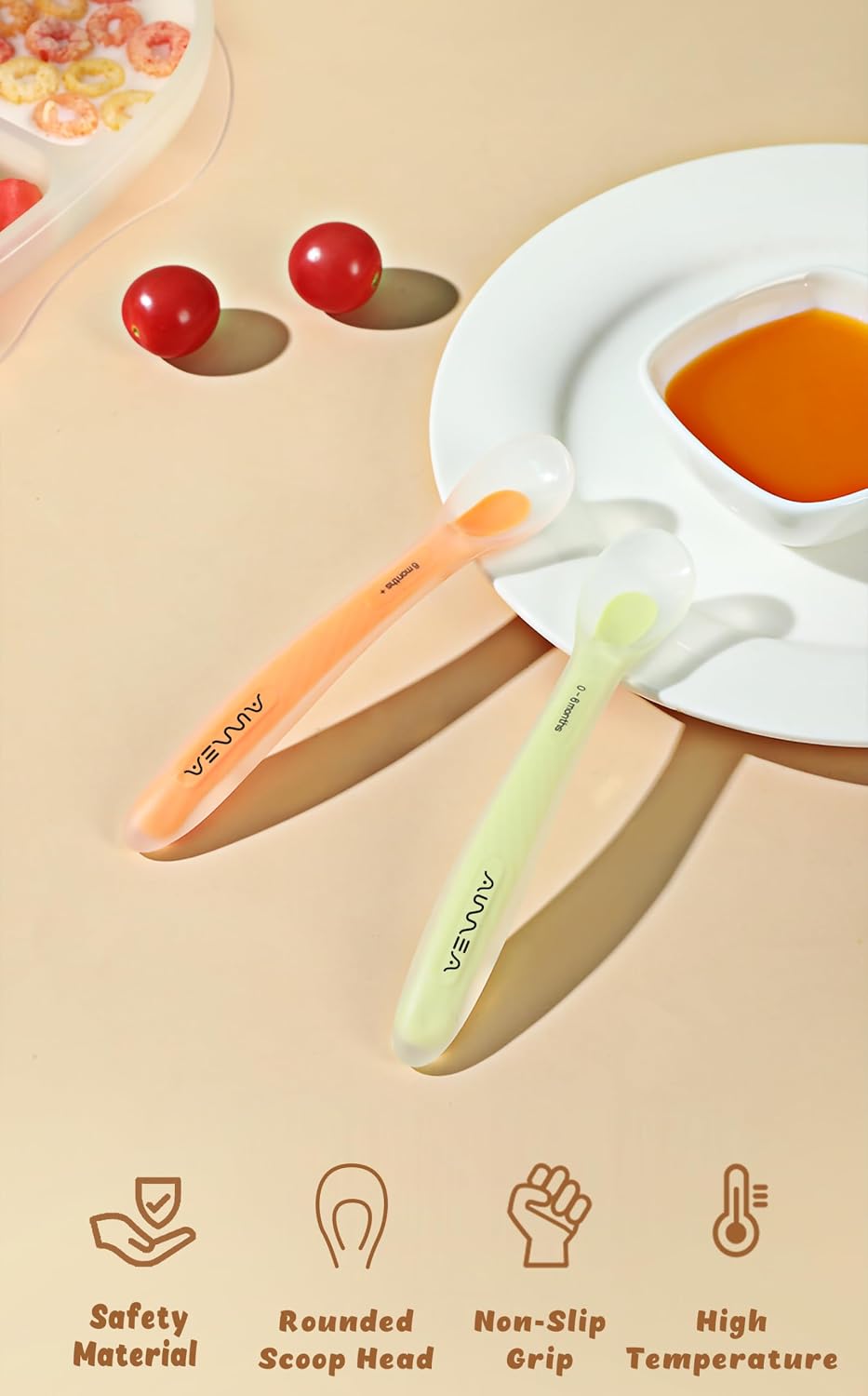 Baby Spoons 2-Pack | Soft Silicone First Stage Feeding Spoon Set with Travel Case | Stage-Based Design for 0-6m & 6m+ | BPA-Free, Gum-Friendly for Infant & Toddler | Lime + Peach