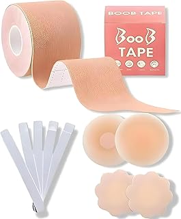 Boob Tape with 10 Nipple Pasties and 2 Silicone Covers Beige Cotton Push Up Bra Petals 36 Fashion Tape Body Lift Support Adhesive Disposable Stick On Bra for Women
