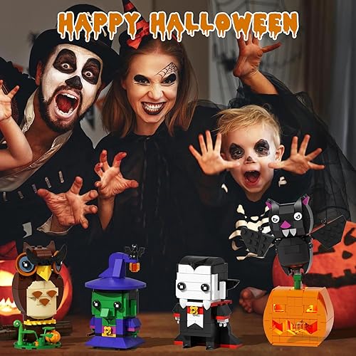 Miniatura 2 de Taojiyuan Kit de construcción de decoración de Halloween, murciélago, calabaza, vampiro, búho, mago, bloques de construcción para niños, 4 lindos