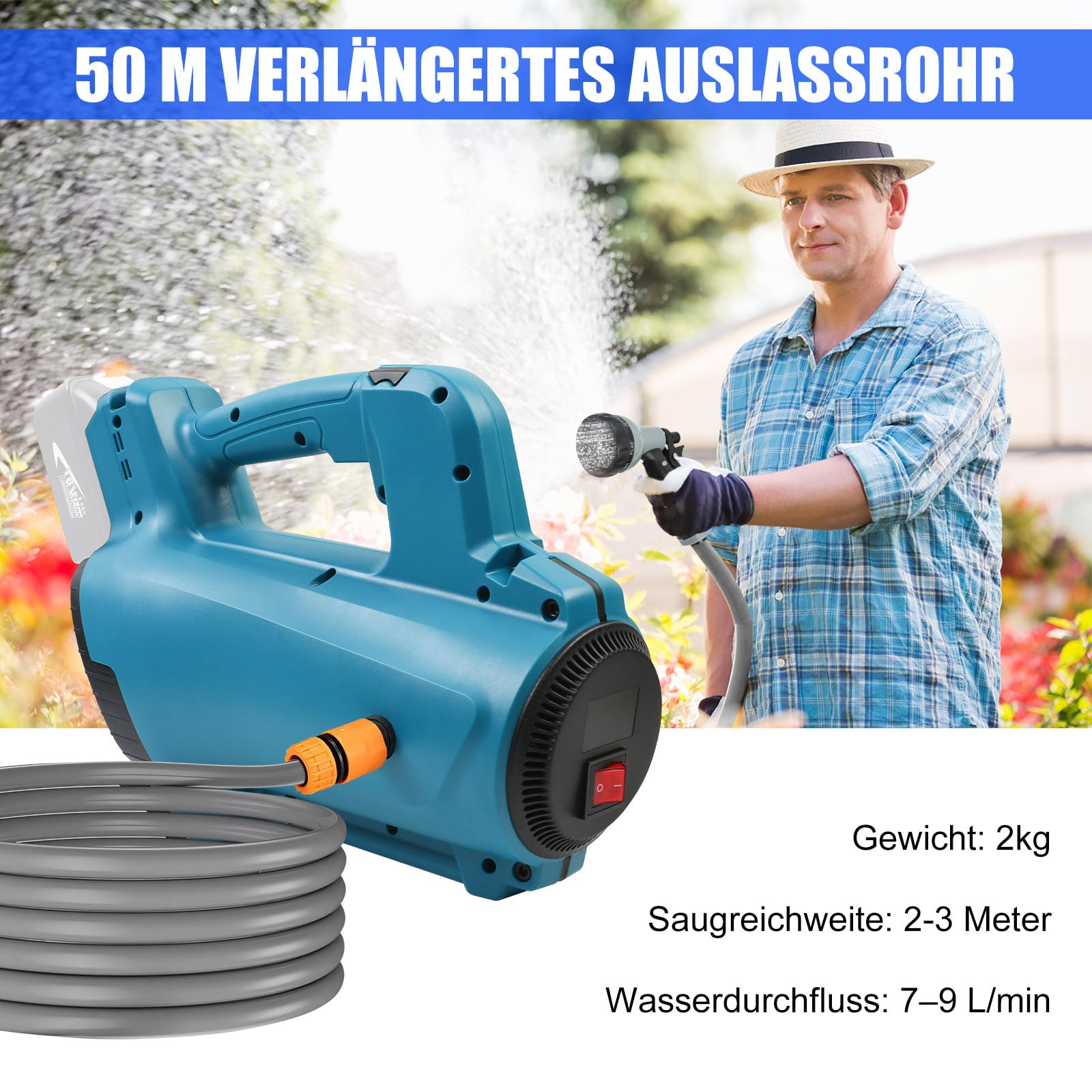 Pompe de transfert de jardin Makita 18 V, pompe d'irrigation électrique sans fil 220 W, tuyau de sortie d'eau 10 m, tuyau d'entrée d'eau 3 m, pommeau de douche