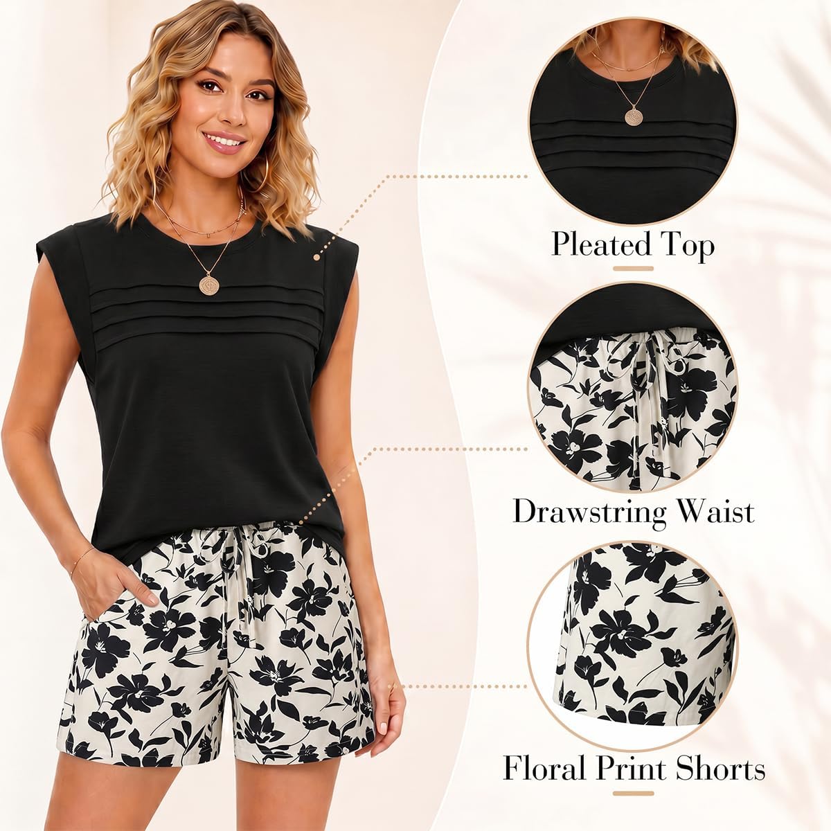 WILDPARTY Womens 2 Piece Summer Short Sets Sleeveless Top Floral Shorts Matching Lounge Vacation Outfits with Pockets