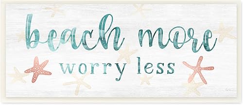 Stupell Industries Beach More Worry Less - Placa de pared con diseño náutico de estrella de mar roja, 17 x 7 pulgadas, color blanco roto
