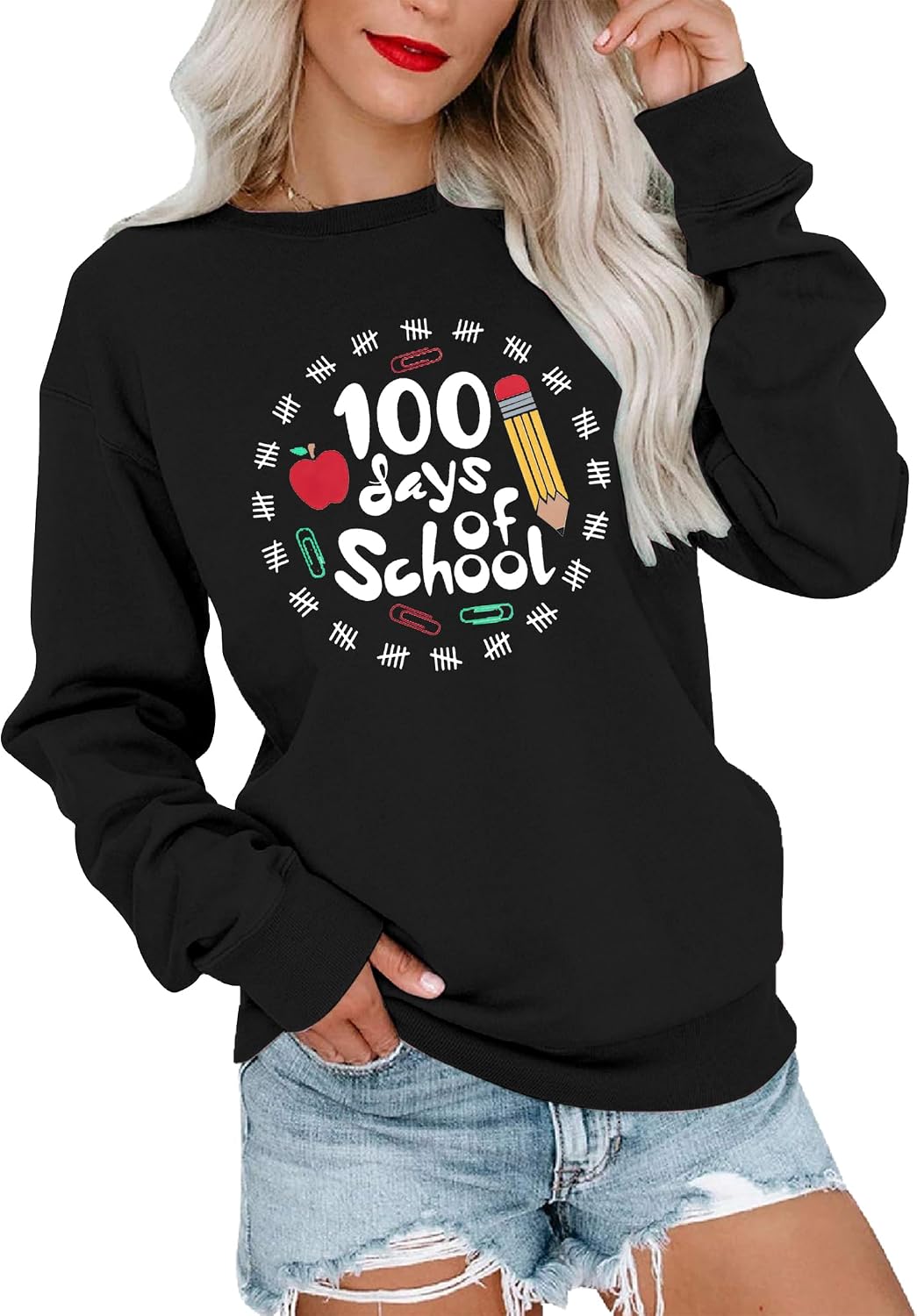 KNEYATTA 100 Days of School Shirt Women Kindergarten Teacher Sweatshirts 100th Day of School Celebration Gifts Pullover Top