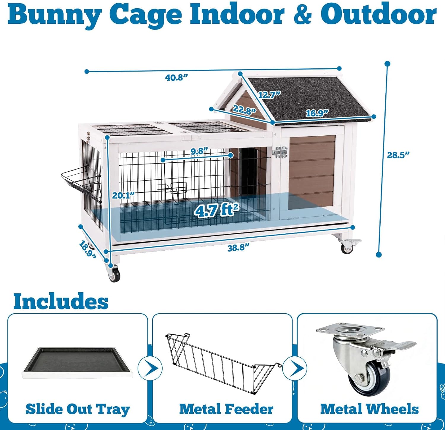 Rabbit Hutch Indoor Outdoor Weatherproof, Bunny Cage with Casters, Urine Guards, Leakproof Tray, Metal Feeder & Openable Roof, Easy Clean for Small Animals