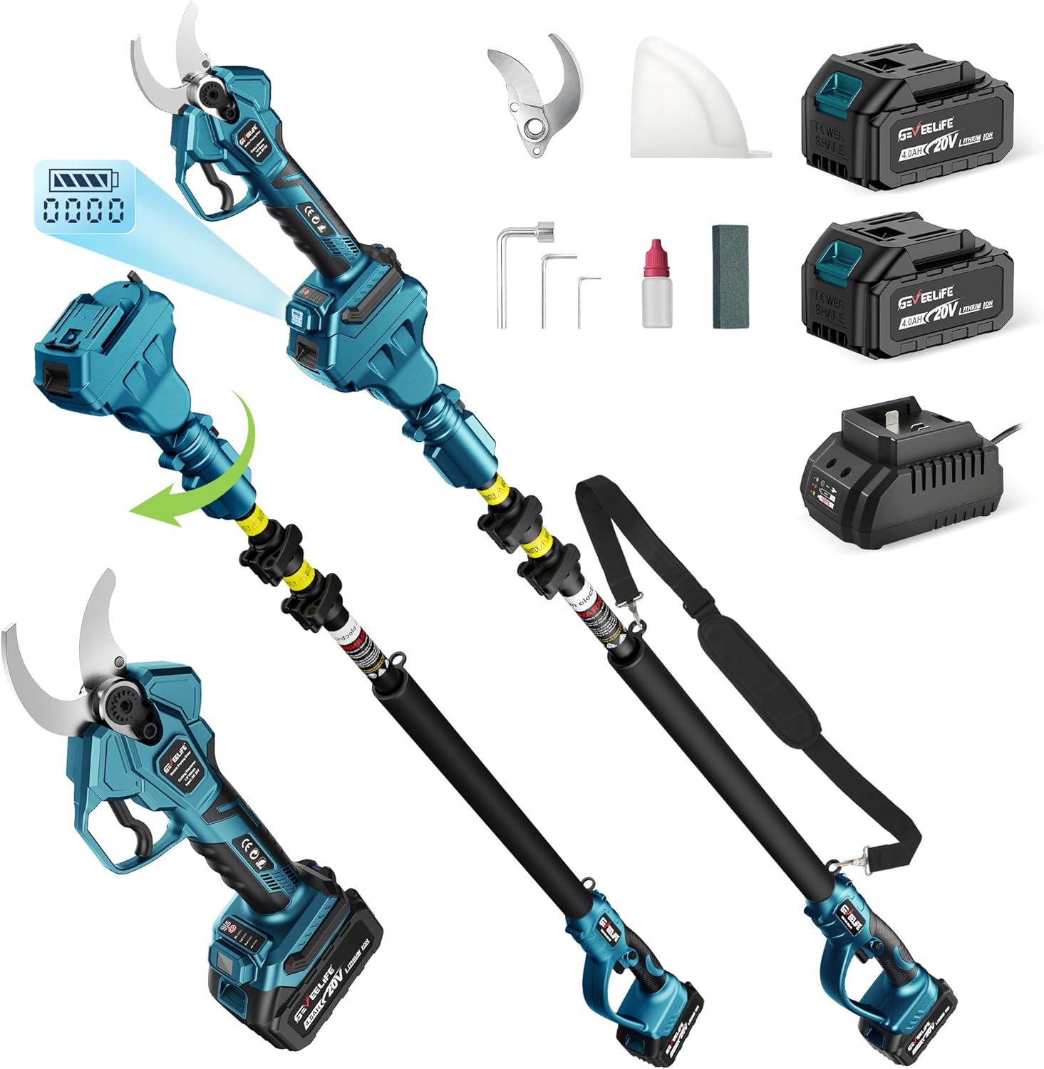 GEVEELIFE 2-in-1 Electric Pruning Shears Cordless, 1.6" Cutting Diameter, Electric Tree Pruner with 12.8Ft Reach Extension Pole, 2×4.0Ah Battery Powered Pole Pruner for Tree Trimming
