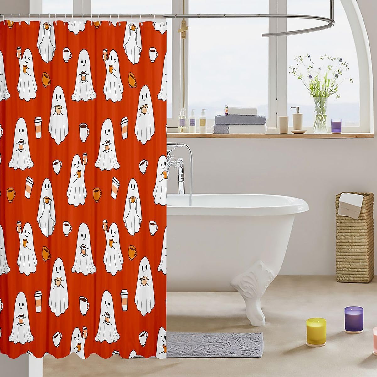 Feelyou Halloween Cafe Ghost Shower Curtain for Bathroom Decor 72"x72" Happy Halloween Bath Curtain for Stalls Bathtubs Cafe Bathroom Accessories Milk Tea Waterproof Polyester Fabric with 12 Hooks image 3